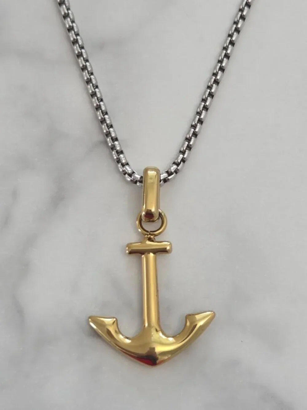 Anchor Pendant Box Chain Necklace Stainless Steel Gold Silver Nautical Unisex Je